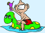 Image of a man on a float in the water with a drink in his hand